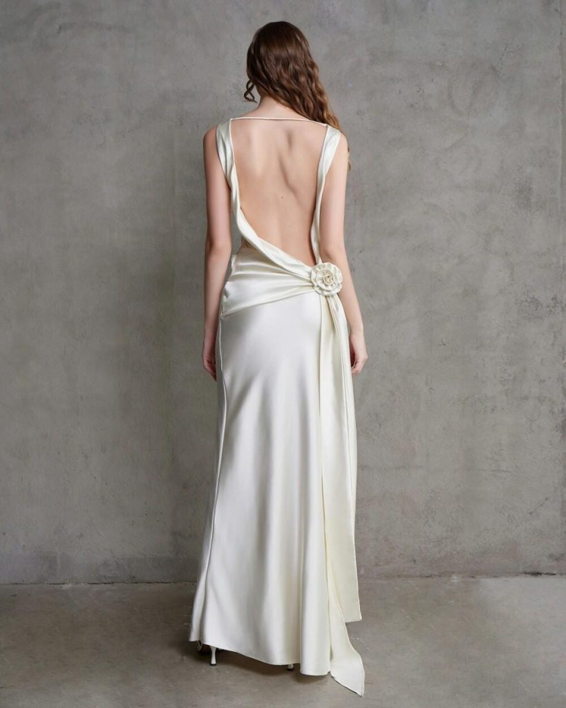 Elegant Open Back Satin Gown With Floral Detail